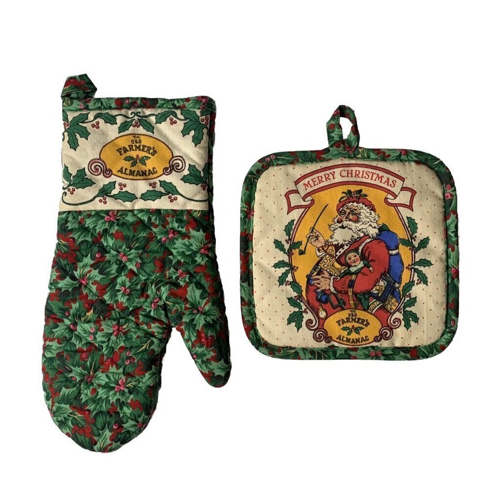Vintage Farmer’s Almanac Kitchen Pot Holder & Oven Mitt Set Santa Christmas